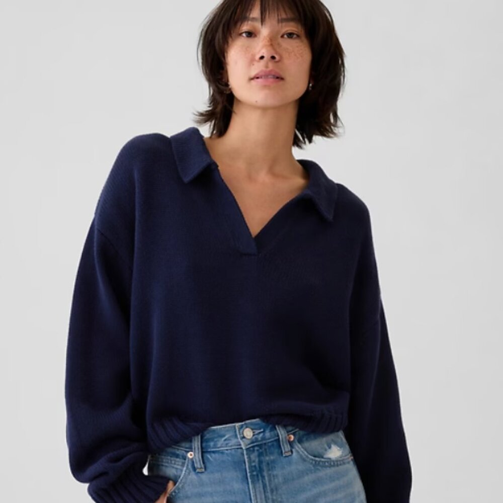 GAP Shrunken Polo Sweater - Navy Blue Size Small Tall
